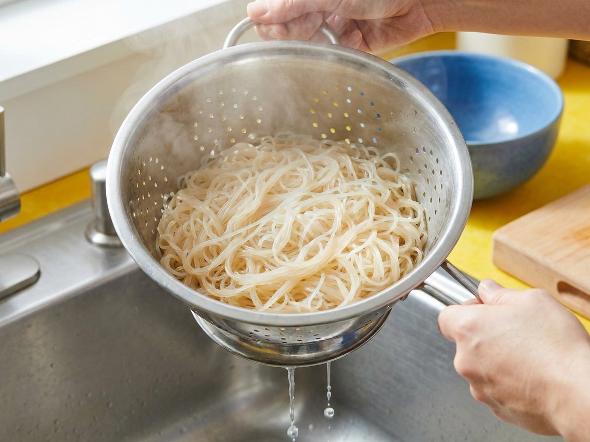 Rice vermicelli noodles being drained in a colander in a kitchen sink, with steam rising