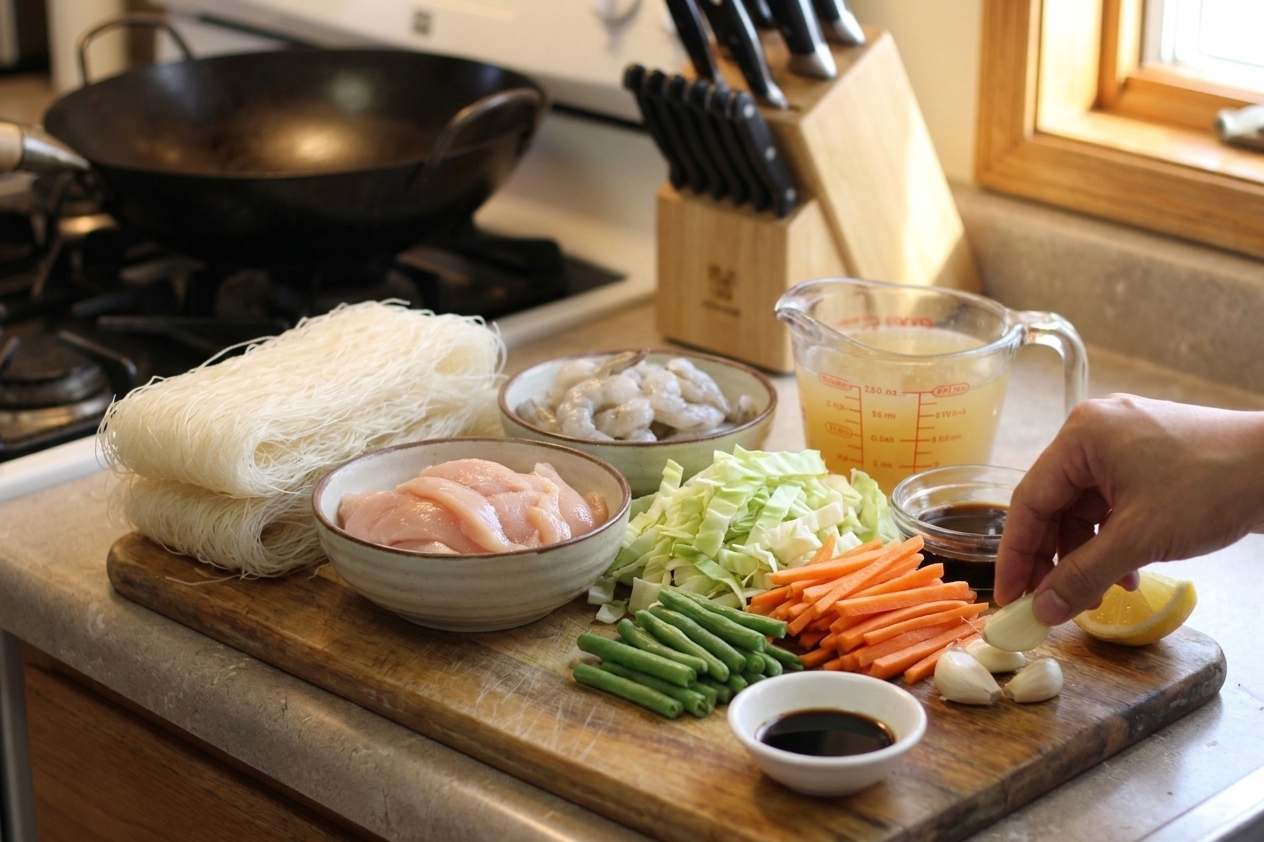 Rice vermicelli noodles, sliced chicken, peeled shrimp, cabbage, carrots, green beans, garlic, soy sauce, chicken broth, and lemon arranged on a kitchen counter with a wok nearby