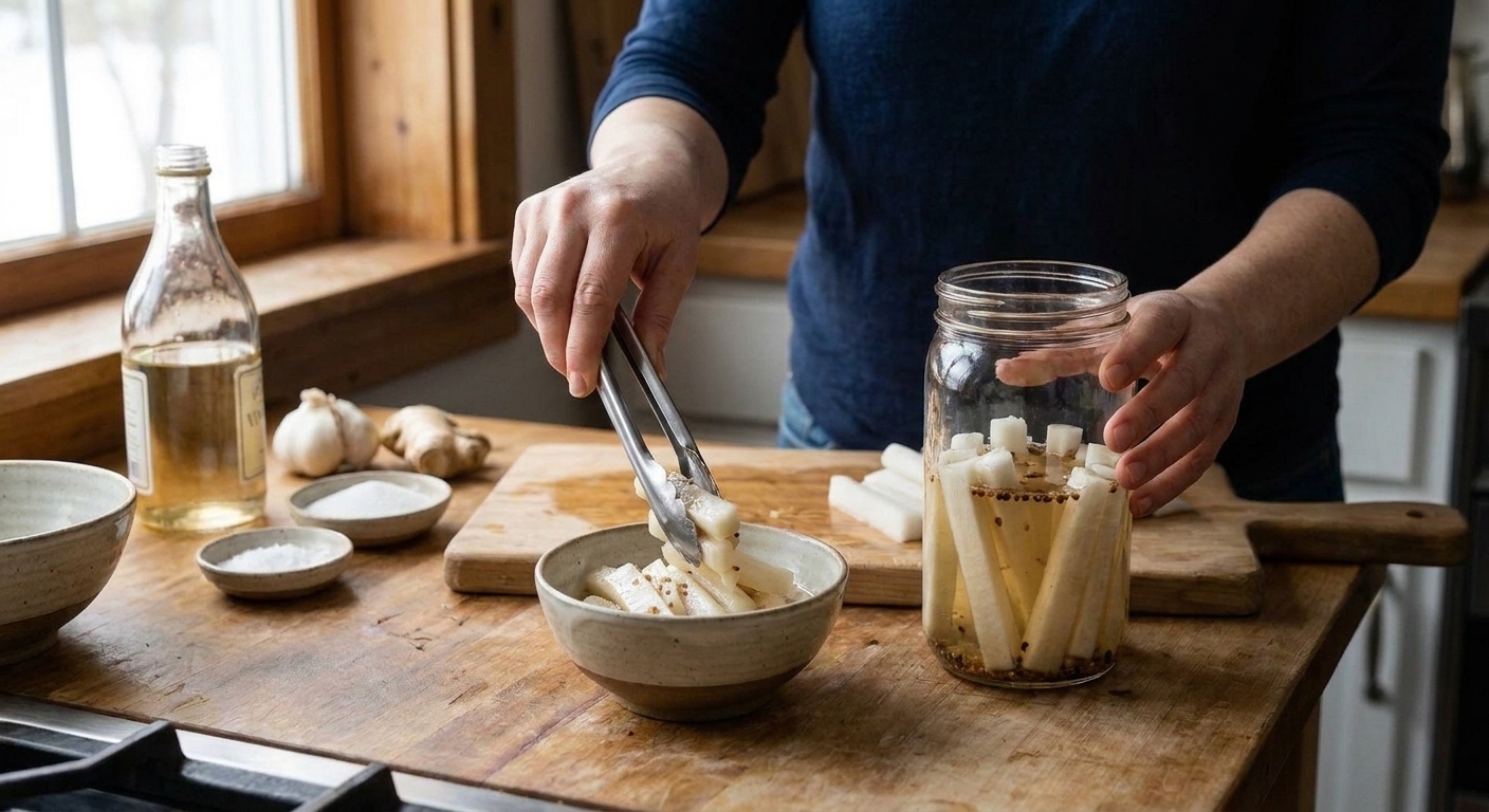 Rice vinegar, salt, sugar, peeled daikon sticks, garlic, and ginger arranged on a kitchen counter with a clean jar nearby