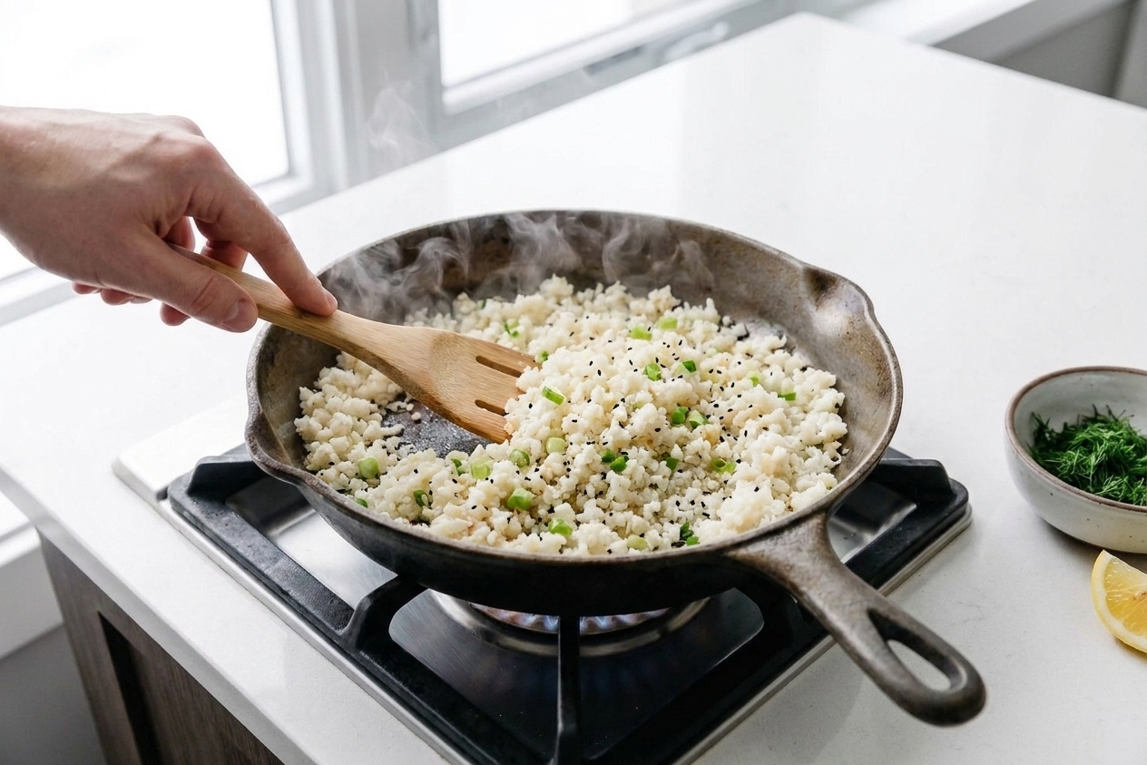 Riced cauliflower being stirred in a skillet with a wooden spoon, steam rising in a bright home kitchen
