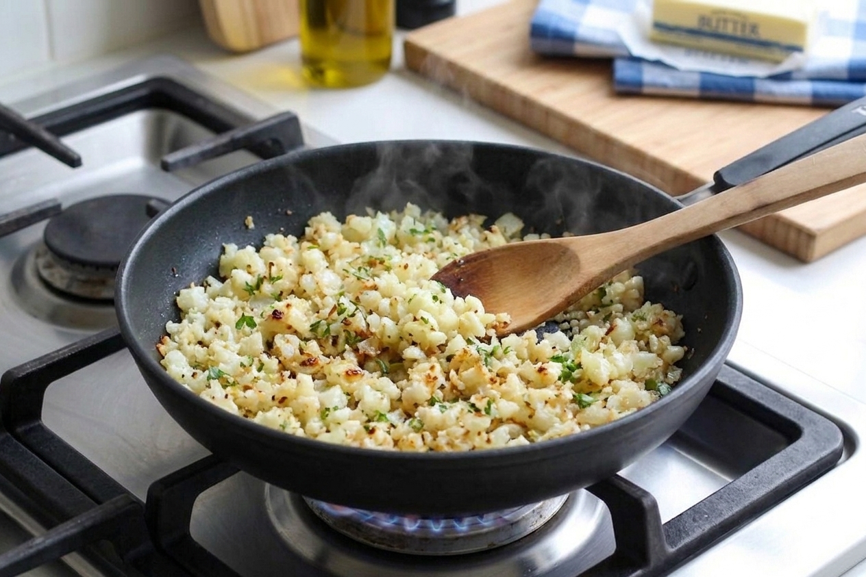 Riced cauliflower cooking in a wide skillet with visible golden browned spots forming along the bottom