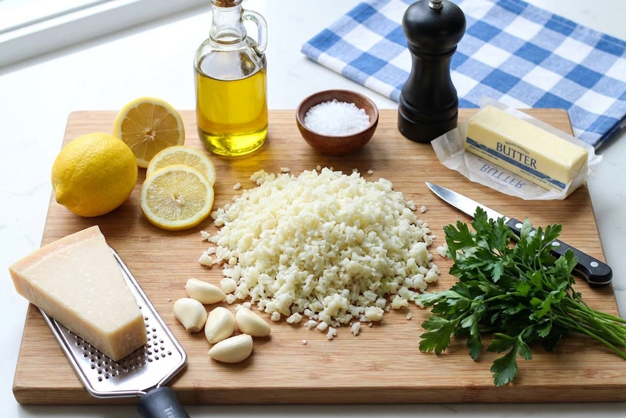 Riced cauliflower, garlic cloves, Parmesan, lemon, parsley, butter, olive oil, salt, and pepper arranged on a wooden cutting board on a bright kitchen counter