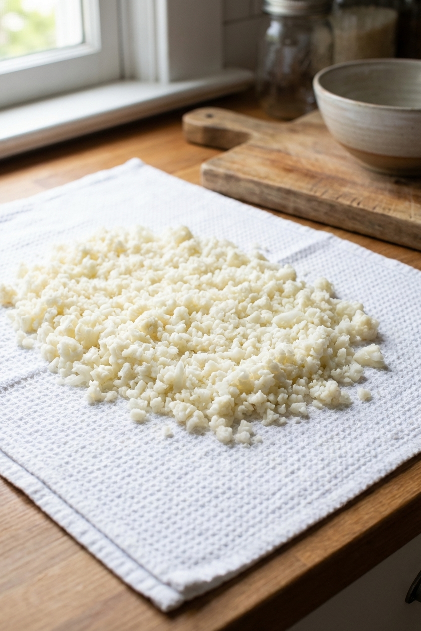 Riced cauliflower spread on a clean kitchen towel ready to be squeezed dry