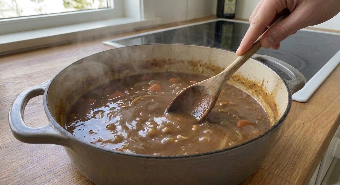 Rich brown gravy simmering in a Dutch oven as it is stirred into a glossy sauce