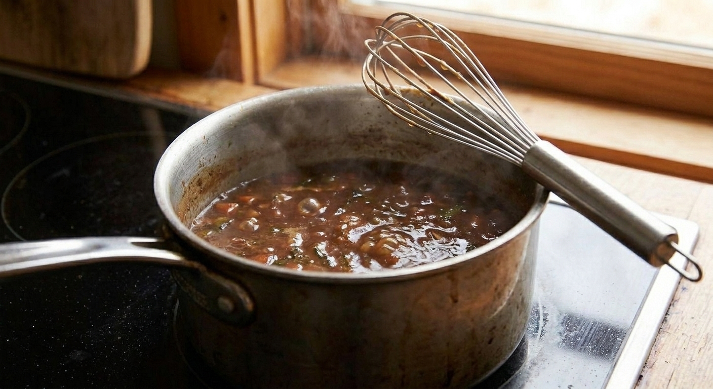 Rich brown short rib braising liquid simmering in a saucepan with a whisk resting on the rim