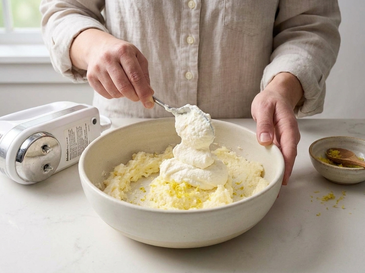 Ricotta being added to a mixing bowl of cookie dough with lemon zest visible