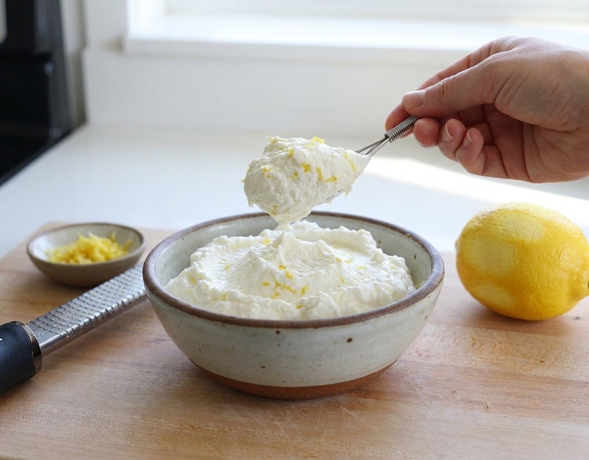Ricotta being whipped until airy with lemon zest mixed through, showing a fluffy, spoonable texture in a bowl on a bright kitchen counter