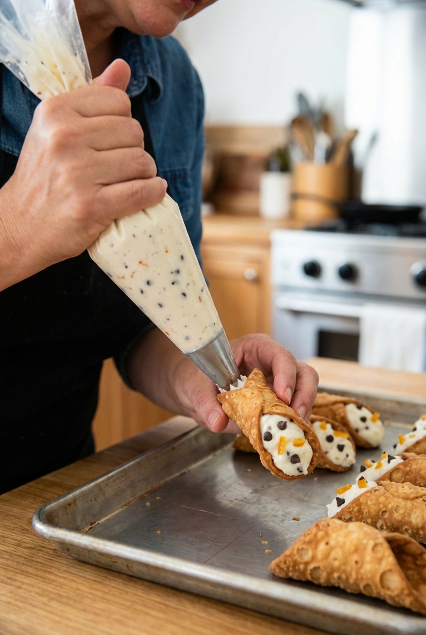 Ricotta cannoli filling being piped into a crisp cannoli shell on a baking sheet