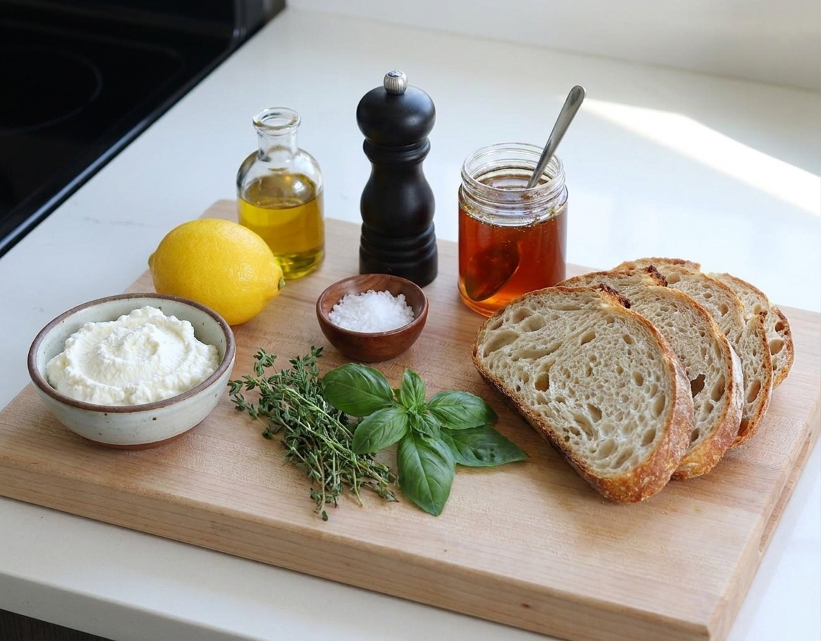 Ricotta cheese, a lemon, olive oil, flaky salt, black pepper, fresh herbs, hot honey, and thick slices of bread arranged on a clean kitchen counter