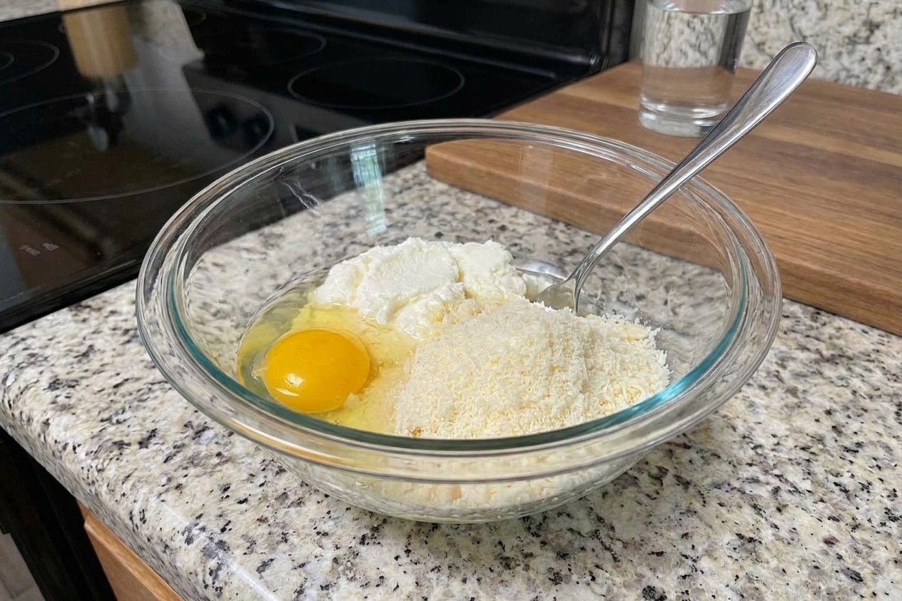 Ricotta cheese, an egg, and grated Parmesan in a mixing bowl on a kitchen counter, ready to be stirred