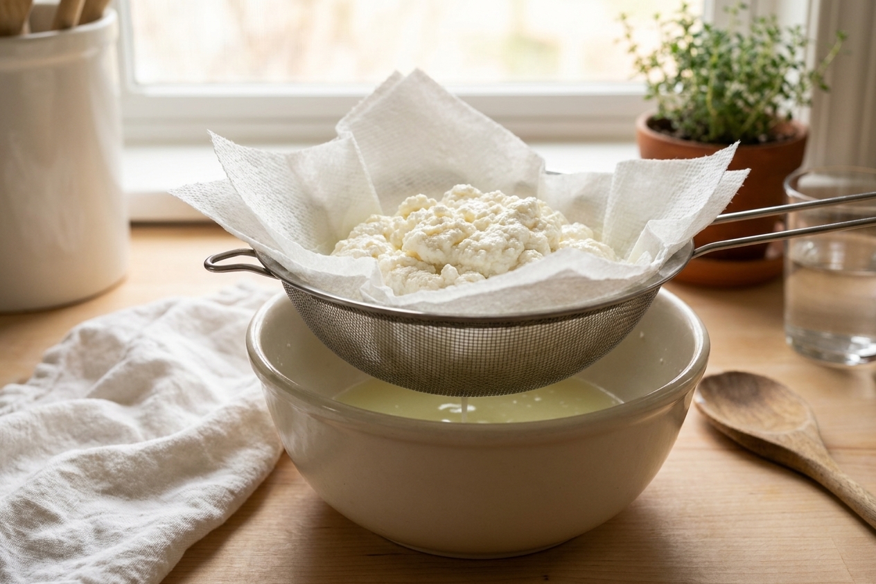 Ricotta cheese draining in a fine mesh strainer set over a bowl on a kitchen counter, with paper towels lining the strainer