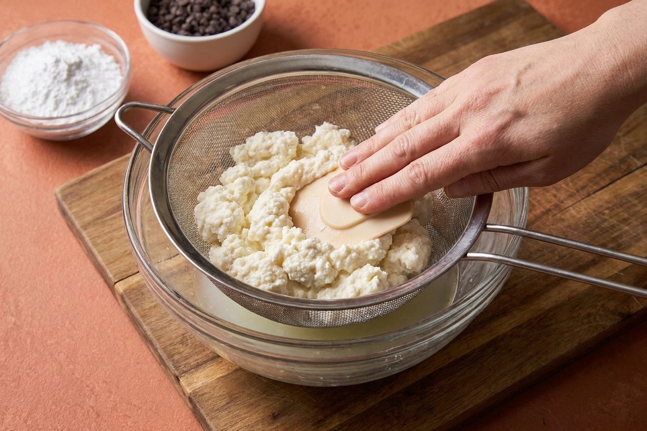 Ricotta cheese draining in a fine mesh strainer set over a bowl on a kitchen counter