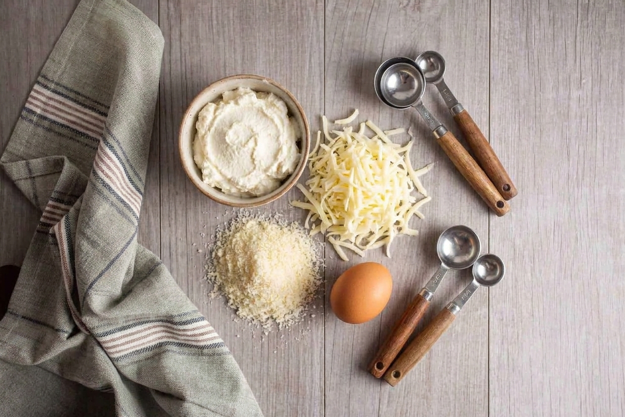 Ricotta cheese, shredded mozzarella, grated Parmesan, and an egg arranged on a kitchen counter with measuring spoons nearby