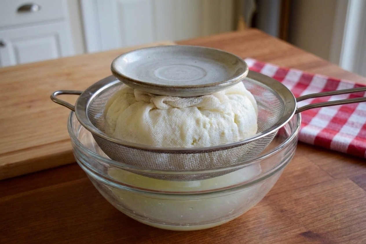 Ricotta draining in cheesecloth set in a fine-mesh strainer over a bowl on a kitchen counter
