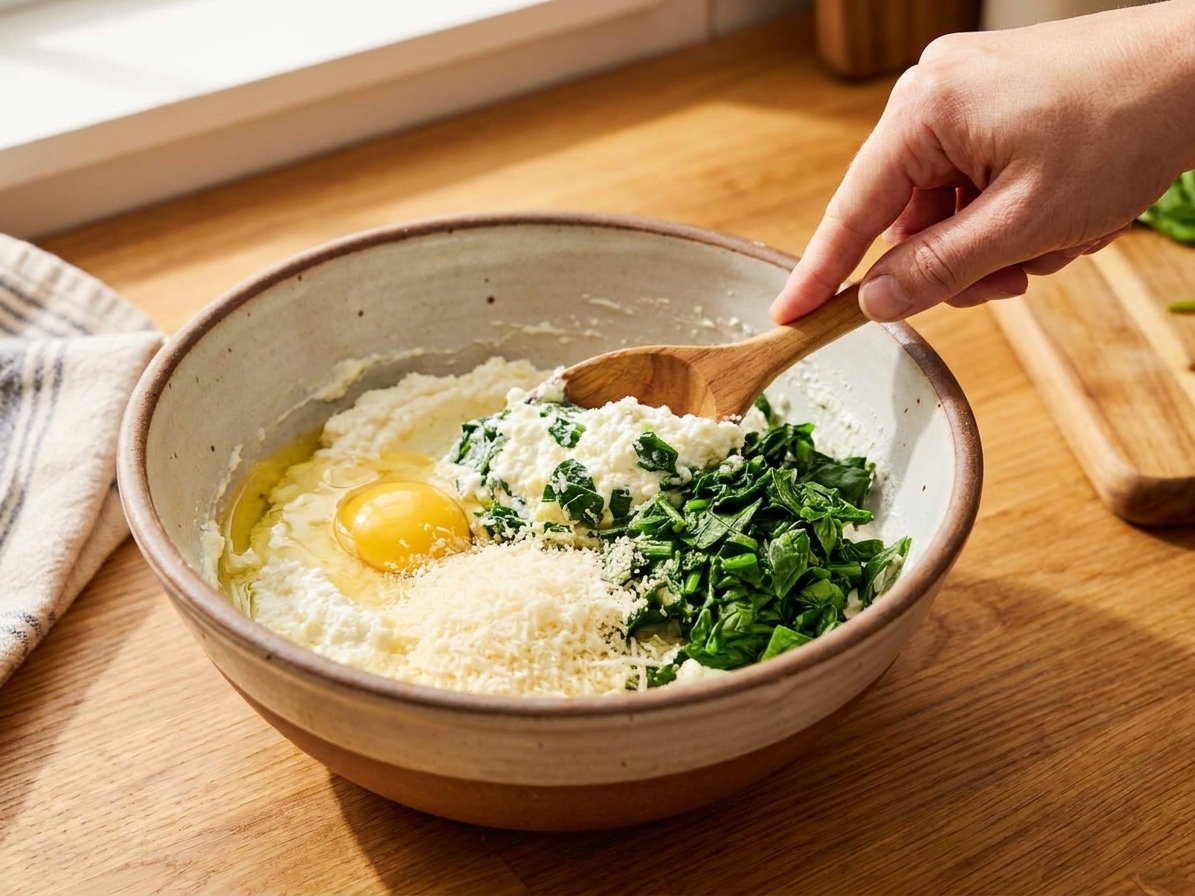 Ricotta, egg, Parmesan, and chopped spinach being stirred together in a mixing bowl on a kitchen counter