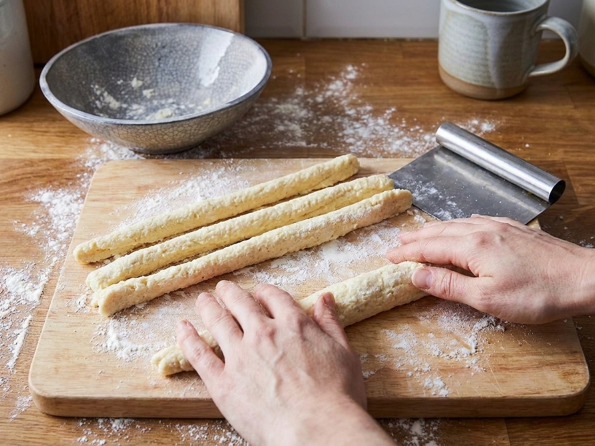Ricotta gnocchi dough being rolled into long ropes on a lightly floured cutting board with a bench scraper nearby