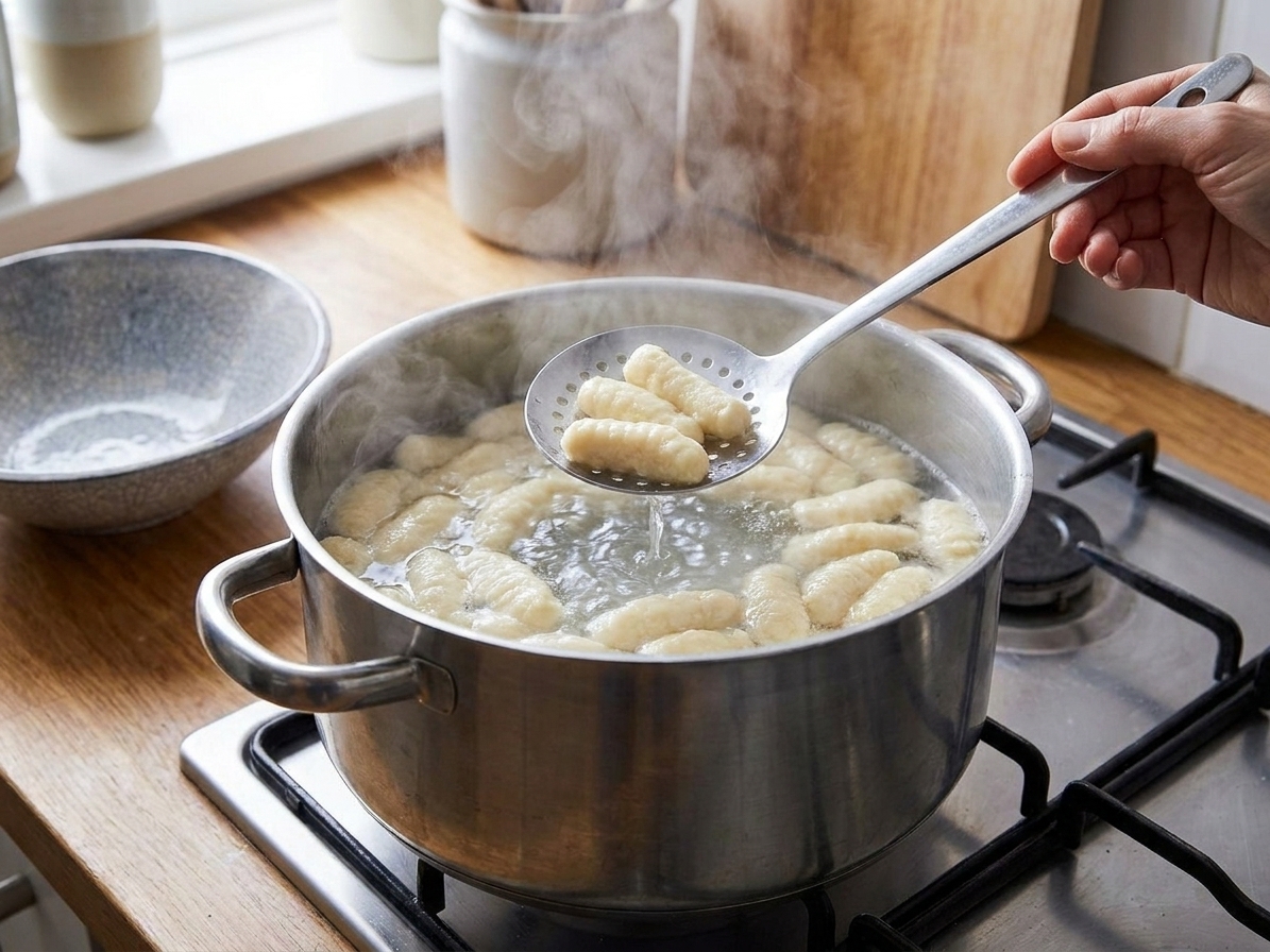 Ricotta gnocchi floating at the surface of a pot of boiling salted water while a slotted spoon lifts a few out, steam rising in a home kitchen
