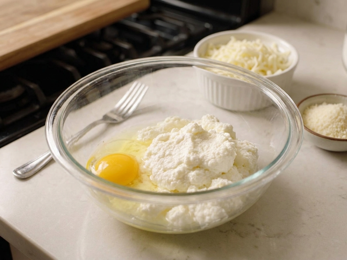 Ricotta in a bowl with a cracked egg nearby, plus shredded mozzarella and grated parmesan on a bright kitchen counter