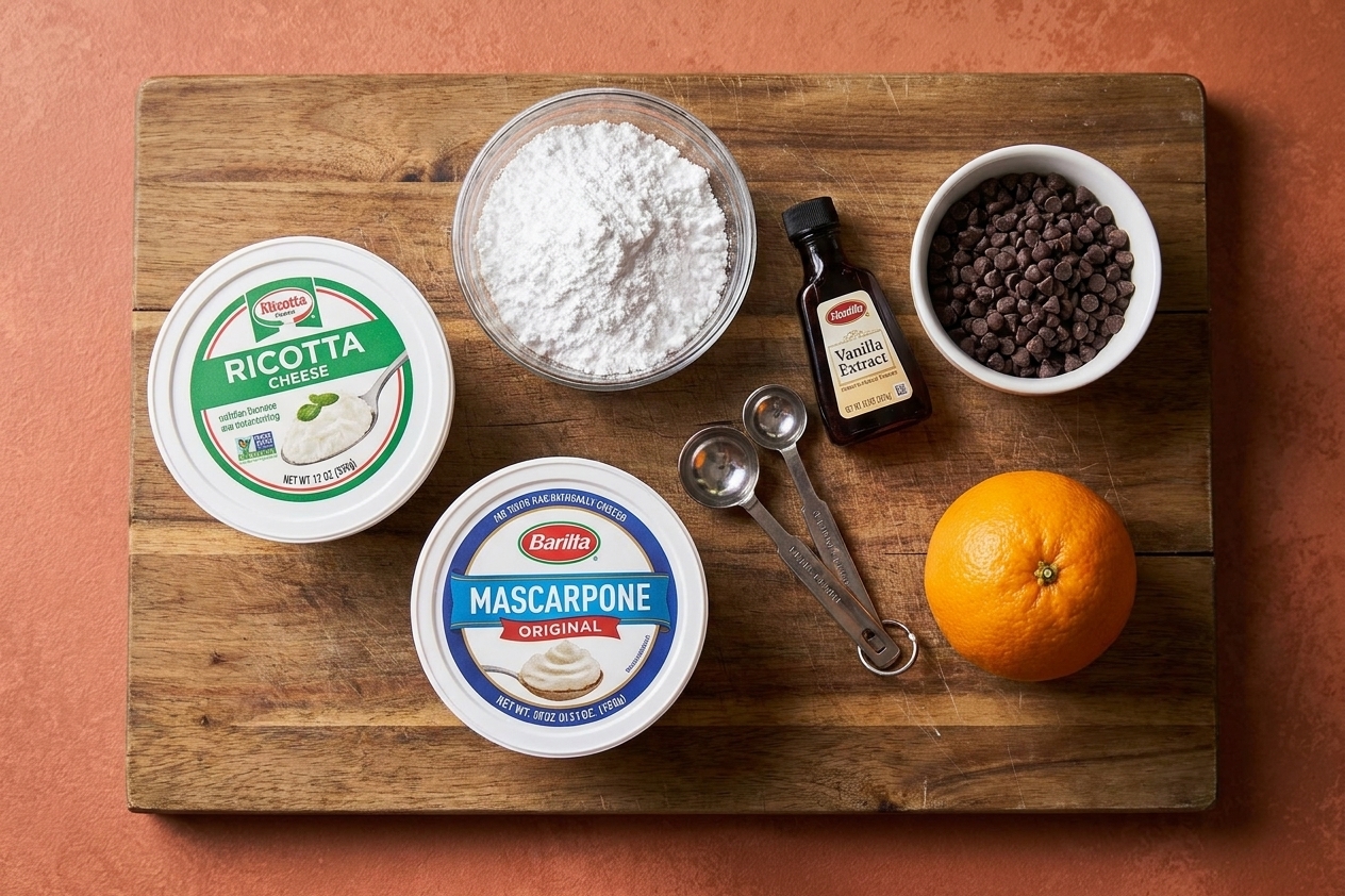 Ricotta, mascarpone, powdered sugar, vanilla, mini chocolate chips, and an orange on a clean kitchen counter with measuring spoons
