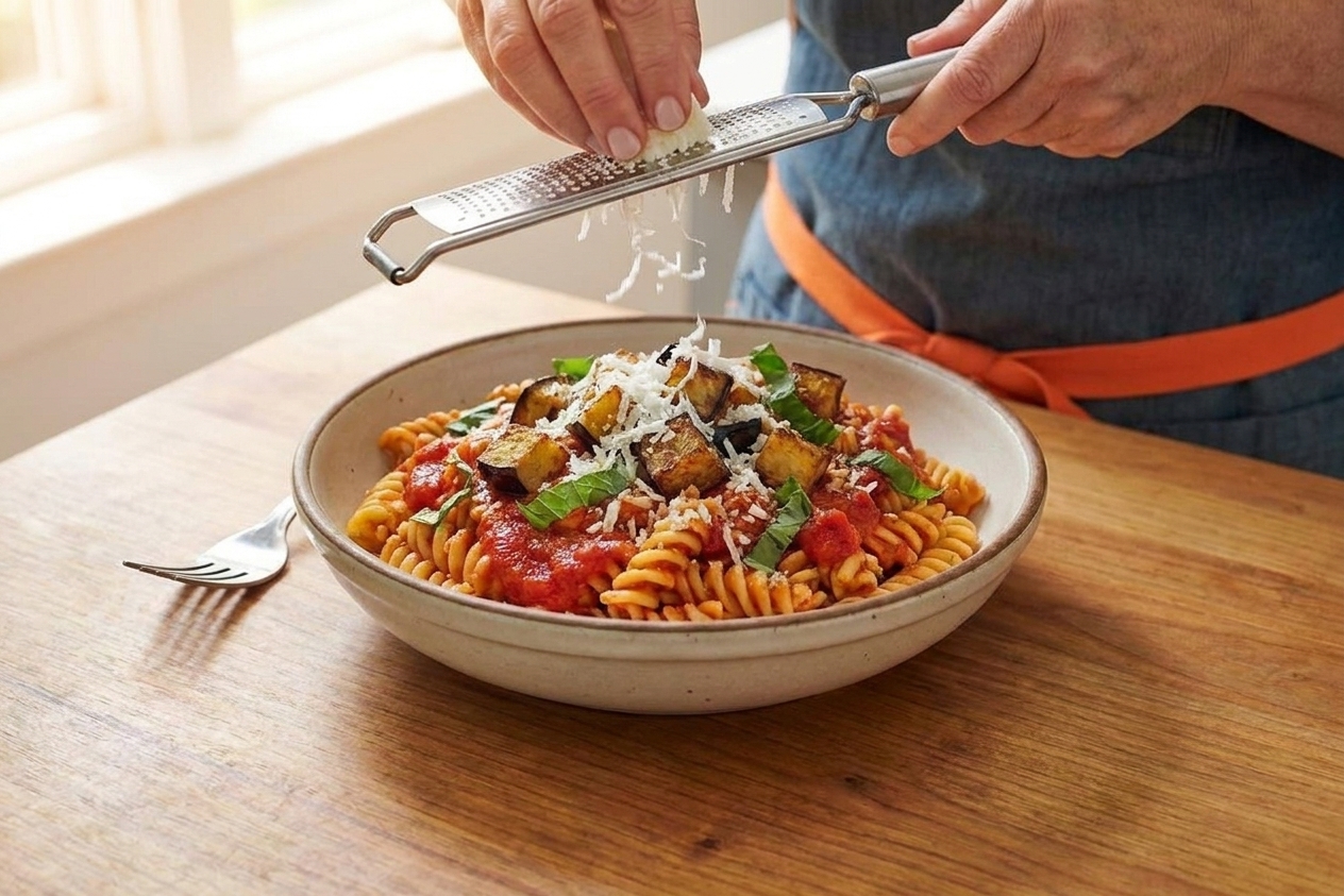 Ricotta salata being grated over a plated bowl of pasta alla Norma on a wooden table, with basil leaves visible