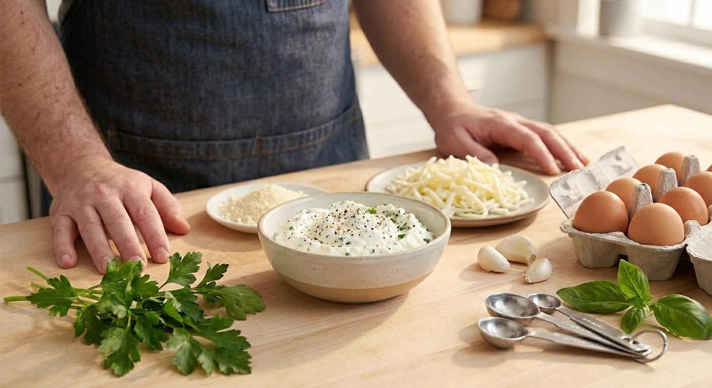 Ricotta, shredded mozzarella, grated Parmesan, eggs, garlic, parsley, and basil arranged on a kitchen counter with measuring spoons