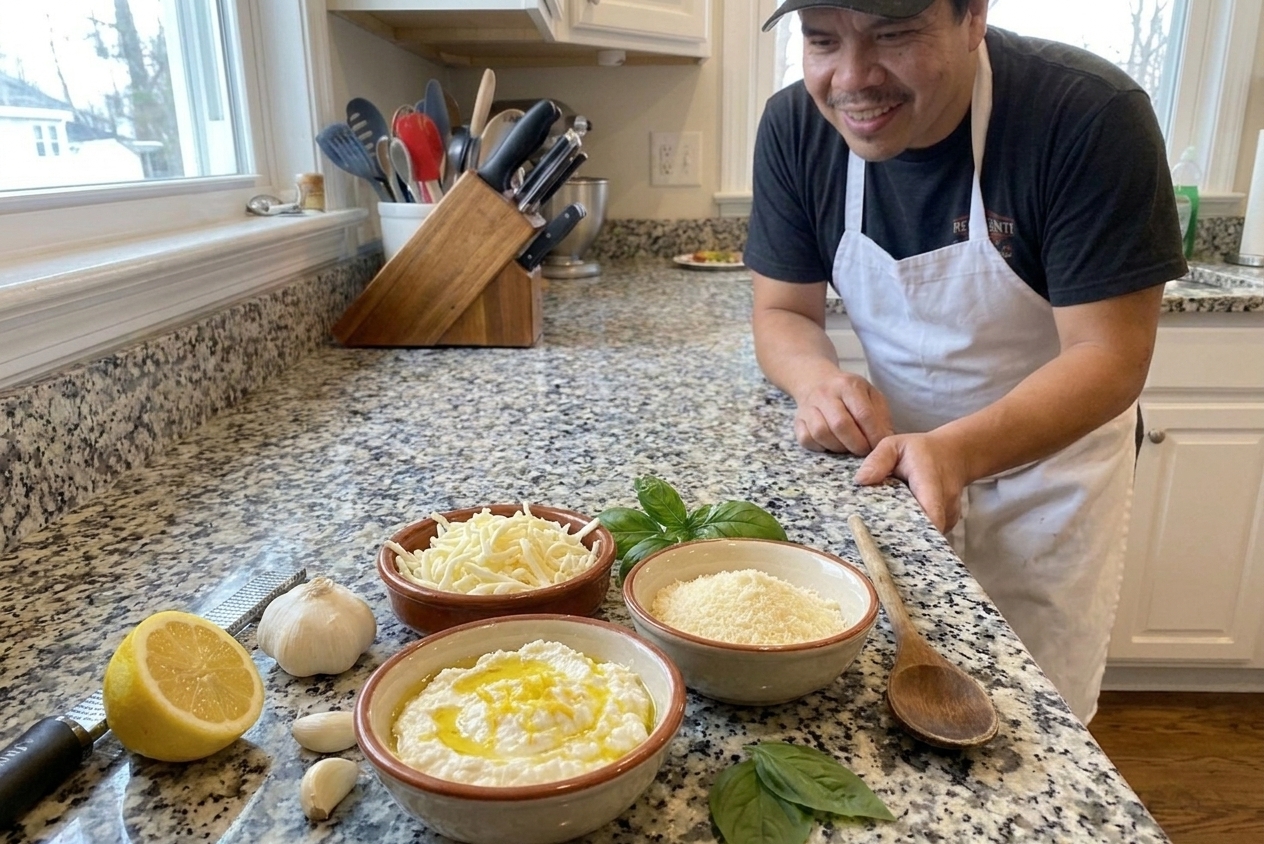 Ricotta, shredded mozzarella, grated Parmesan, garlic, olive oil, lemon, and basil arranged on a light kitchen counter with a wooden spoon