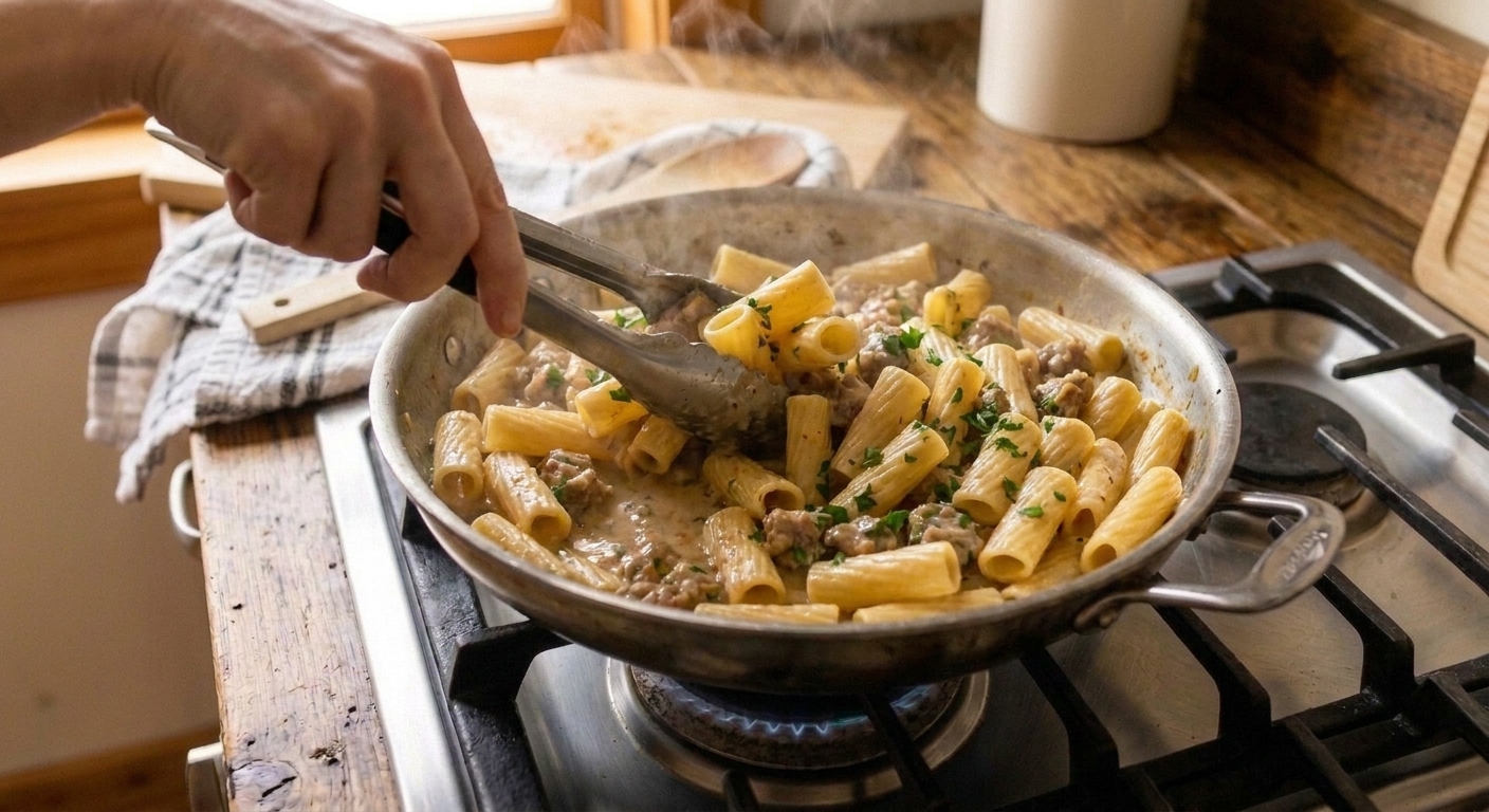 Rigatoni being tossed in a creamy sausage sauce in a skillet using tongs, showing a glossy sauce coating the pasta