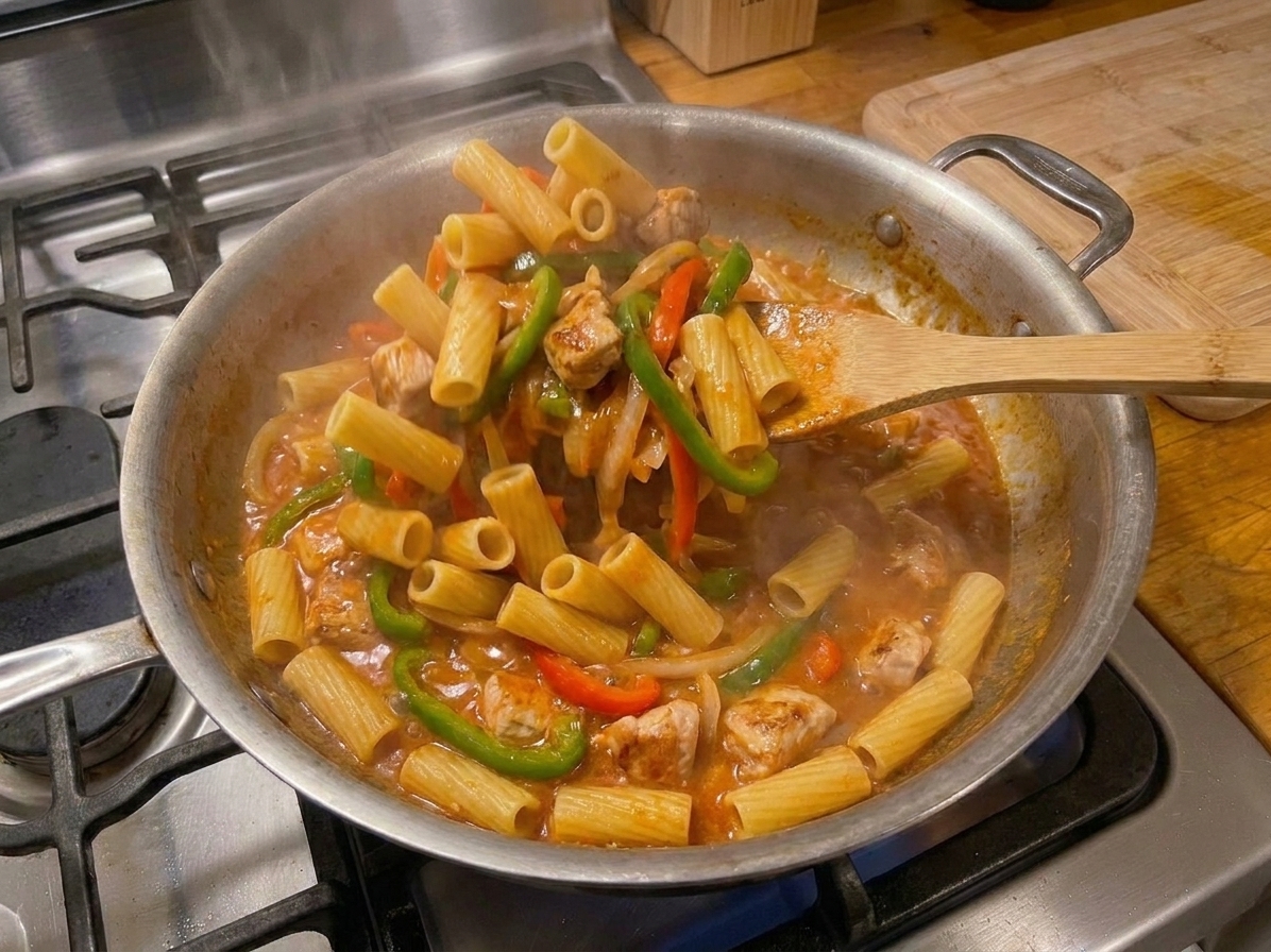 Rigatoni being tossed in a creamy tomato pepper sauce in a large skillet with a wooden spoon