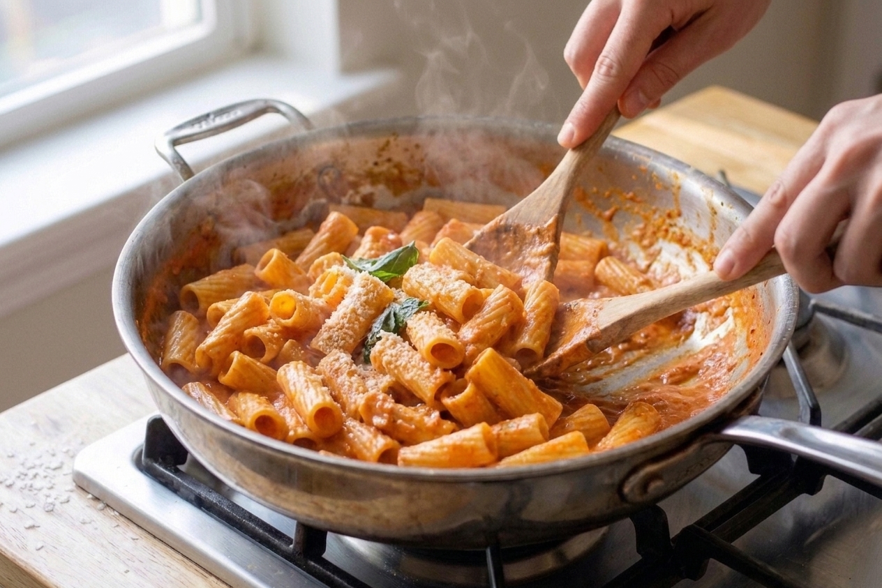 Rigatoni being tossed in a creamy tomato vodka sauce in a large skillet, sauce coating the ridges