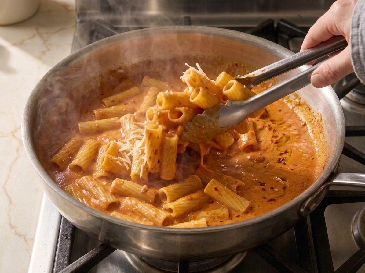 Rigatoni being tossed in a skillet with creamy spicy tomato sauce using tongs while it finishes cooking