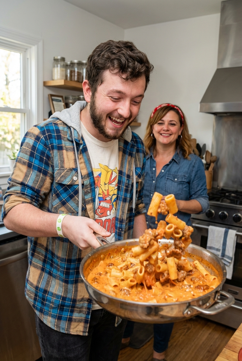 Rigatoni being tossed in a skillet with creamy tomato sausage sauce