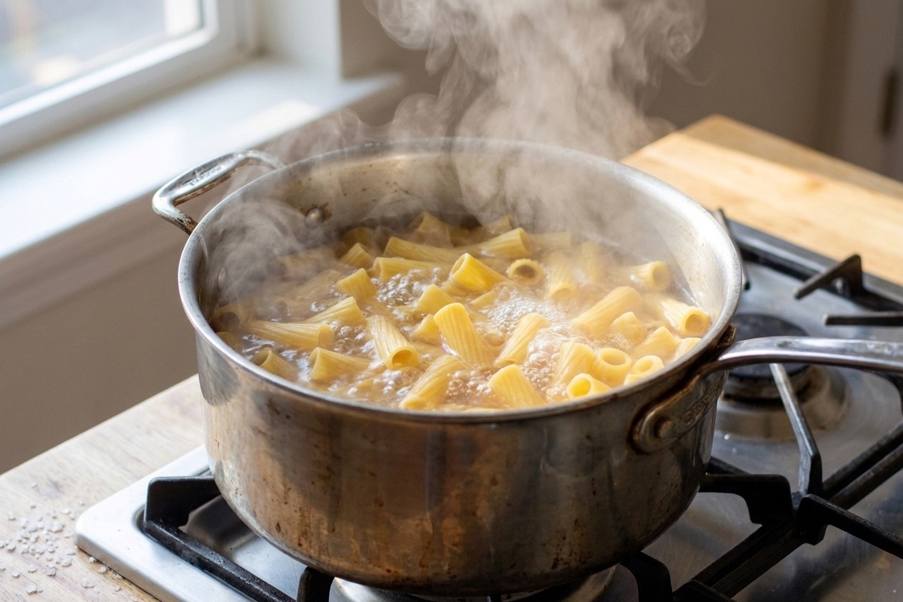 Rigatoni boiling in a large pot of salted water on a home stove with steam rising