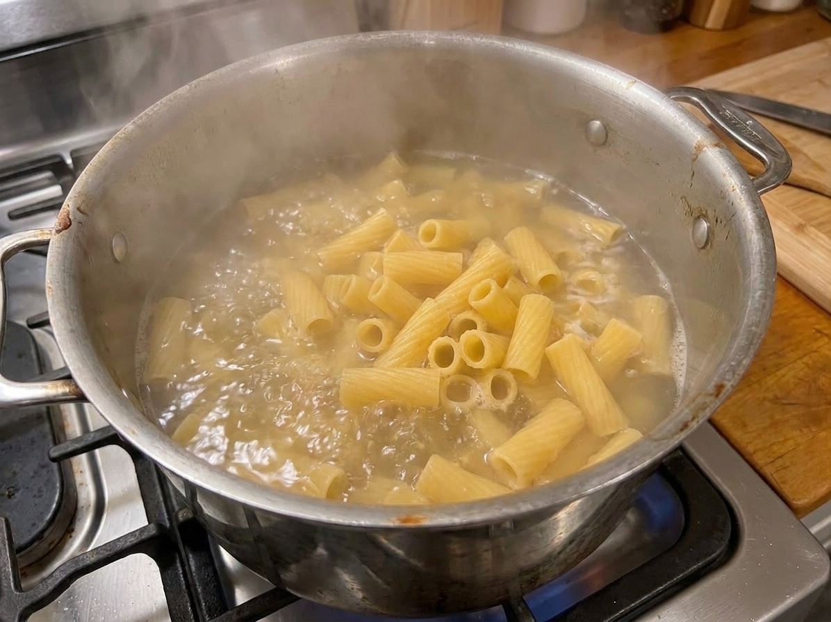 Rigatoni boiling in a large pot of salted water on a stovetop with steam rising
