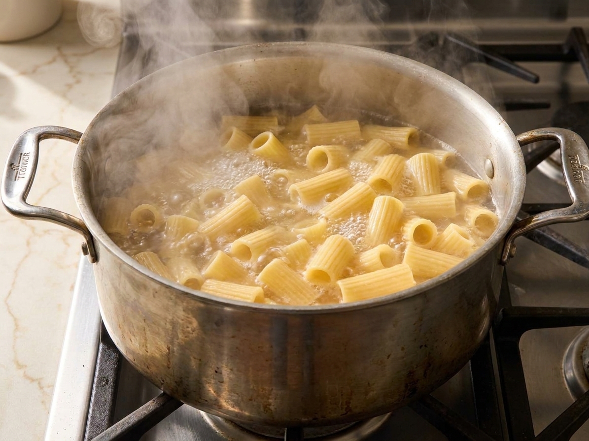 Rigatoni boiling in a large pot of salted water on a stovetop with steam rising