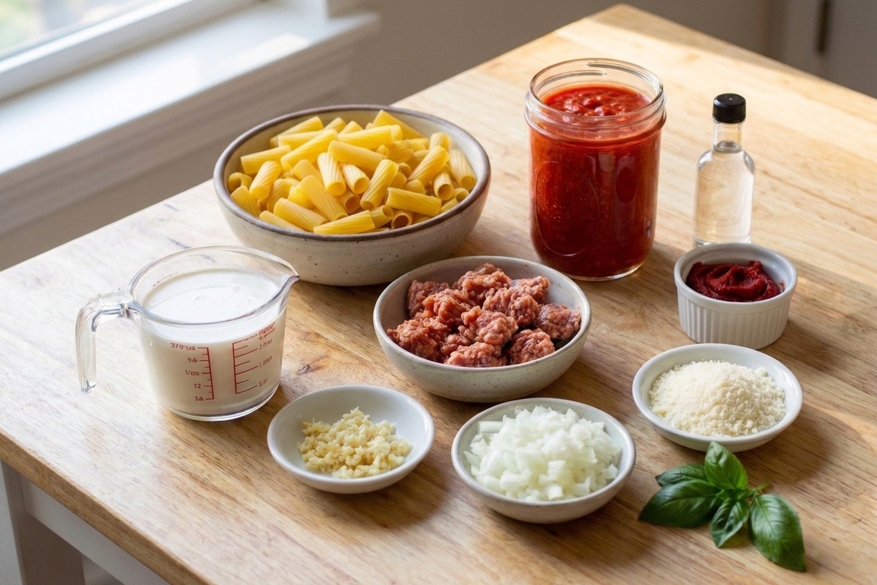 Rigatoni, canned tomatoes, Italian sausage, garlic, onion, heavy cream, Parmesan, basil, and vodka arranged on a clean kitchen counter in even natural light