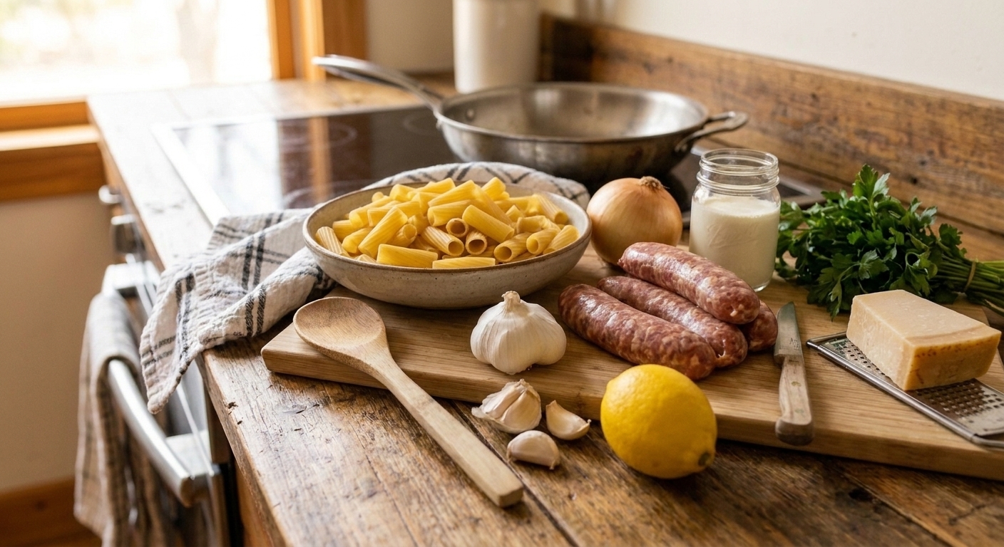 Rigatoni pasta, Italian sausage, heavy cream, grated Parmesan, garlic, onion, lemon, and parsley arranged on a kitchen counter ready for cooking