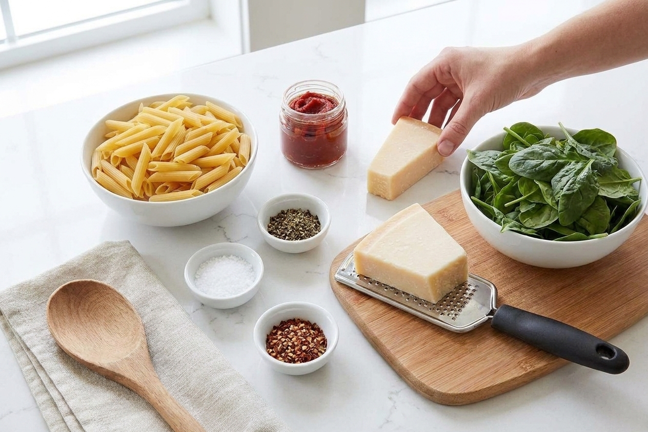 Rigatoni pasta, tomato paste, grated Parmesan, and baby spinach arranged on a kitchen counter with small bowls of seasonings
