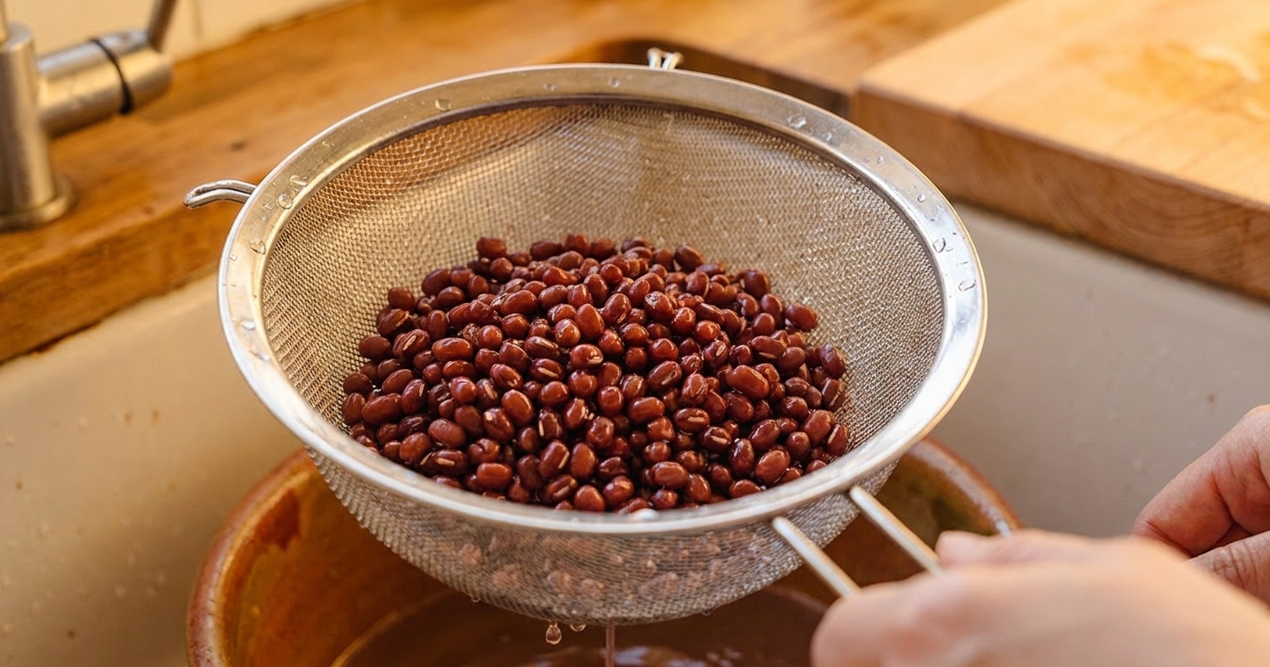 Rinsed azuki beans sitting in a fine-mesh strainer over a sink with water droplets visible