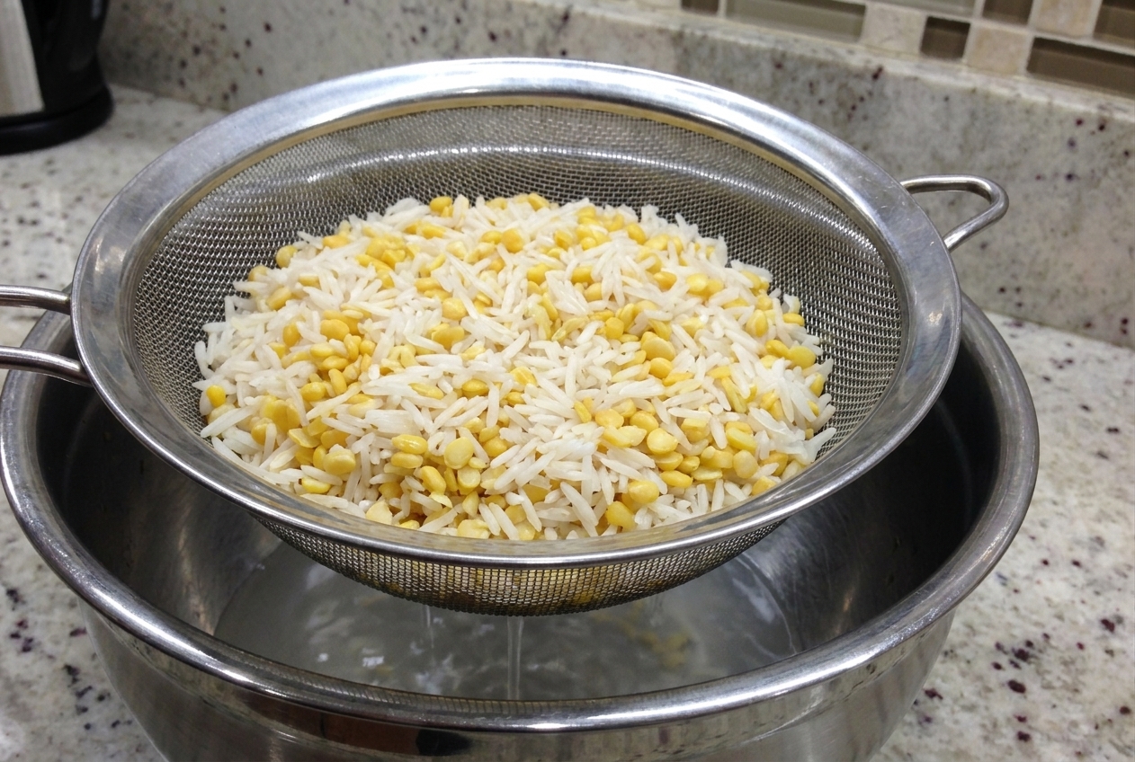 Rinsed basmati rice and yellow split mung dal draining in a fine-mesh strainer over a stainless steel bowl on a kitchen counter