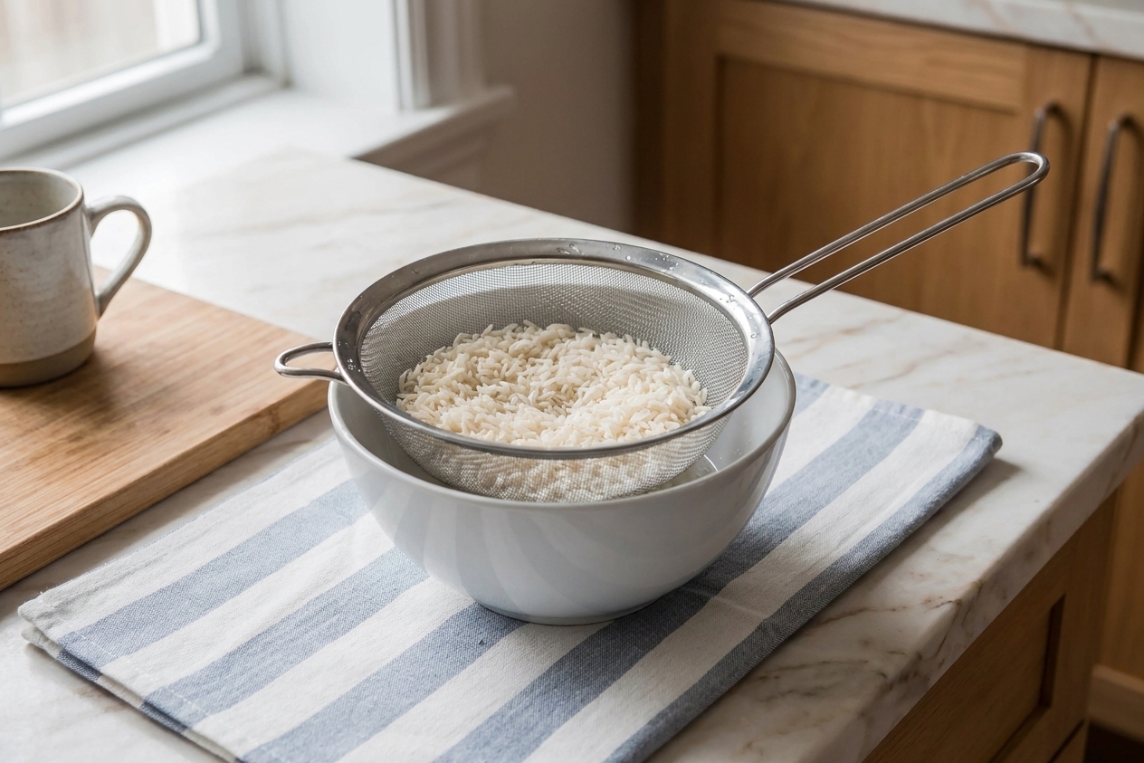 Rinsed basmati rice draining in a fine-mesh strainer over a bowl on a kitchen counter