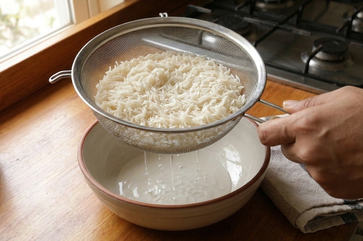 Rinsed basmati rice draining in a fine-mesh strainer over a bowl on a kitchen counter