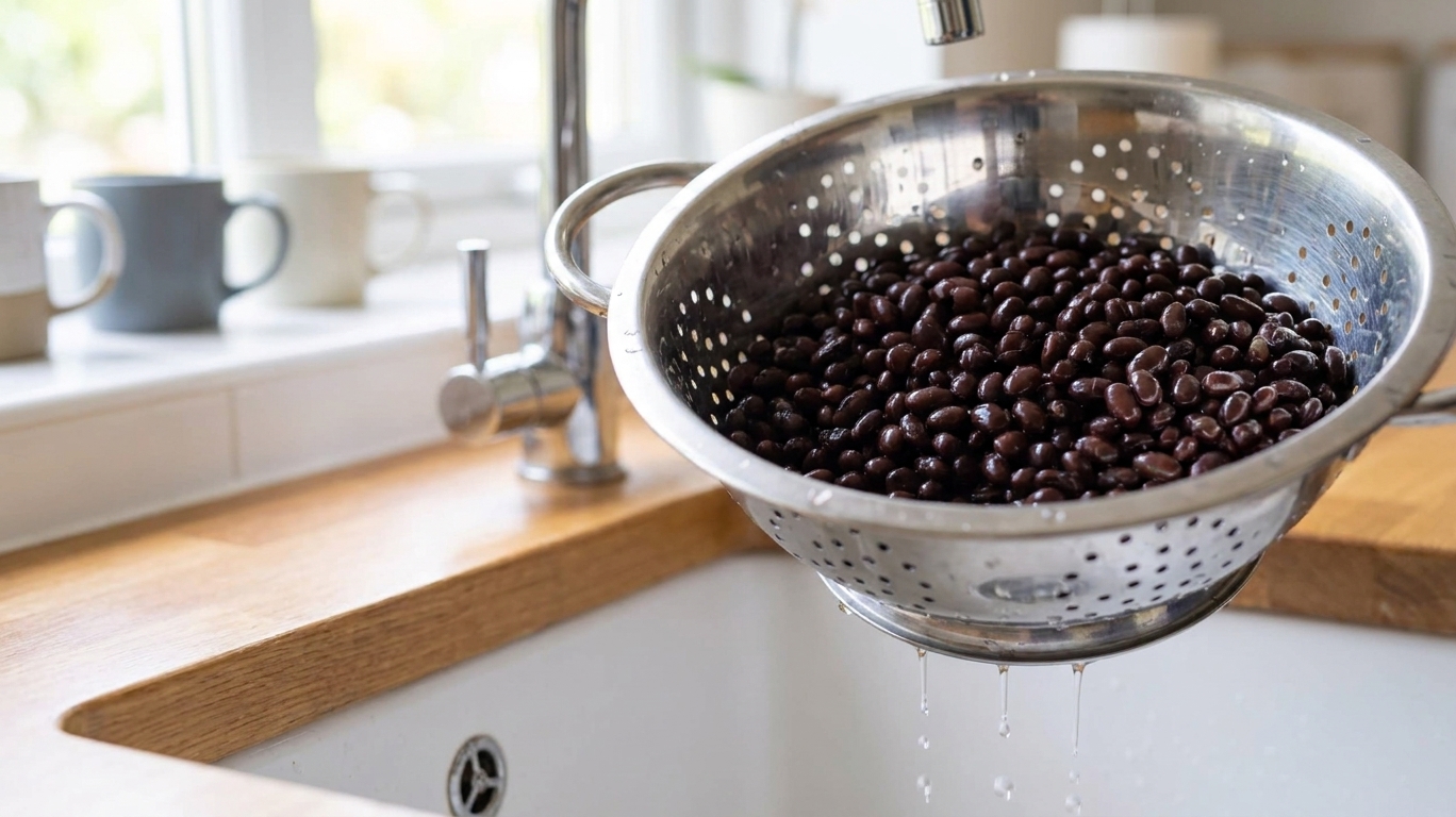Rinsed black beans draining in a metal colander over a sink in a bright home kitchen