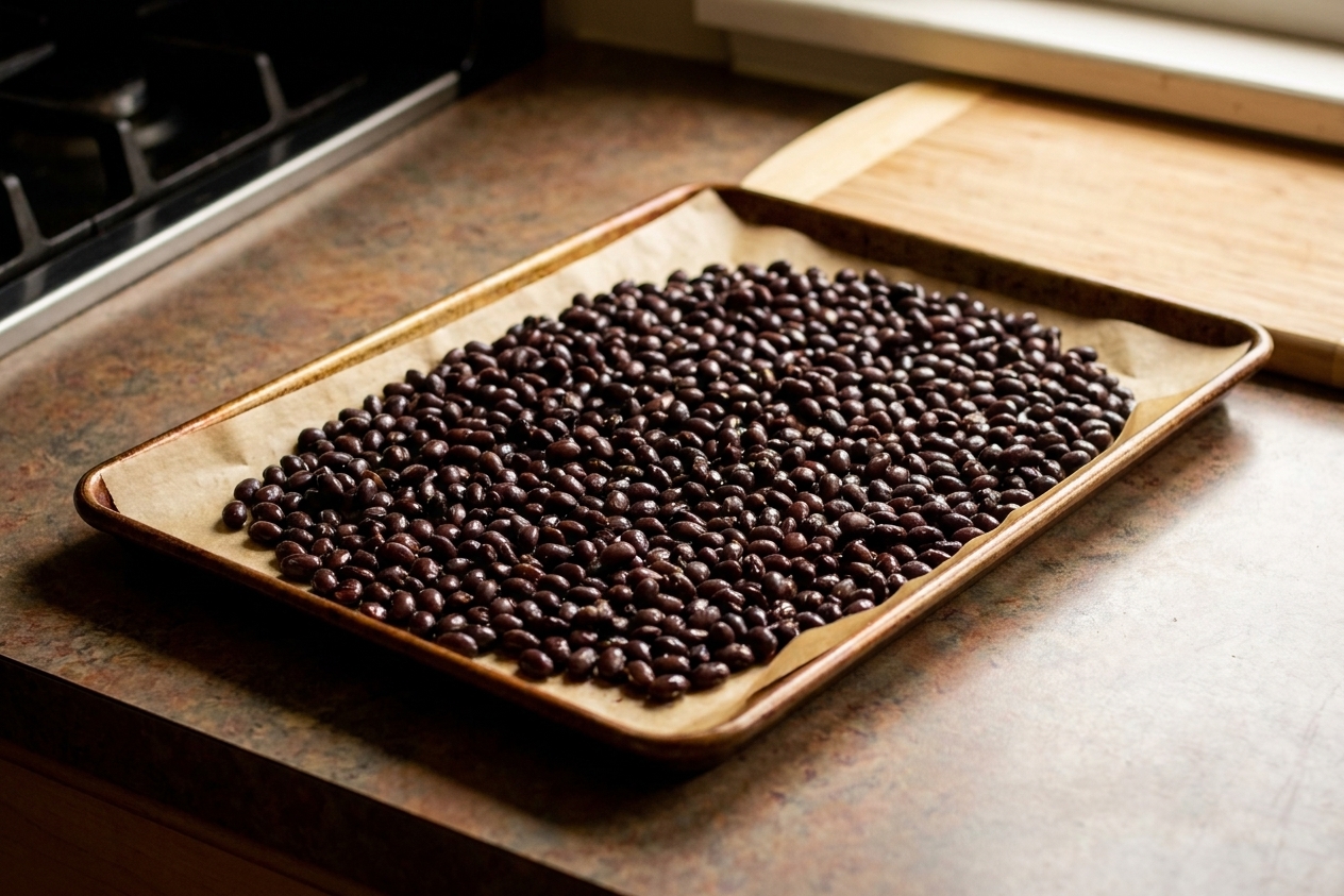 Rinsed black beans spread in an even layer on a parchment-lined sheet pan ready to go into the oven, photographed on a kitchen counter