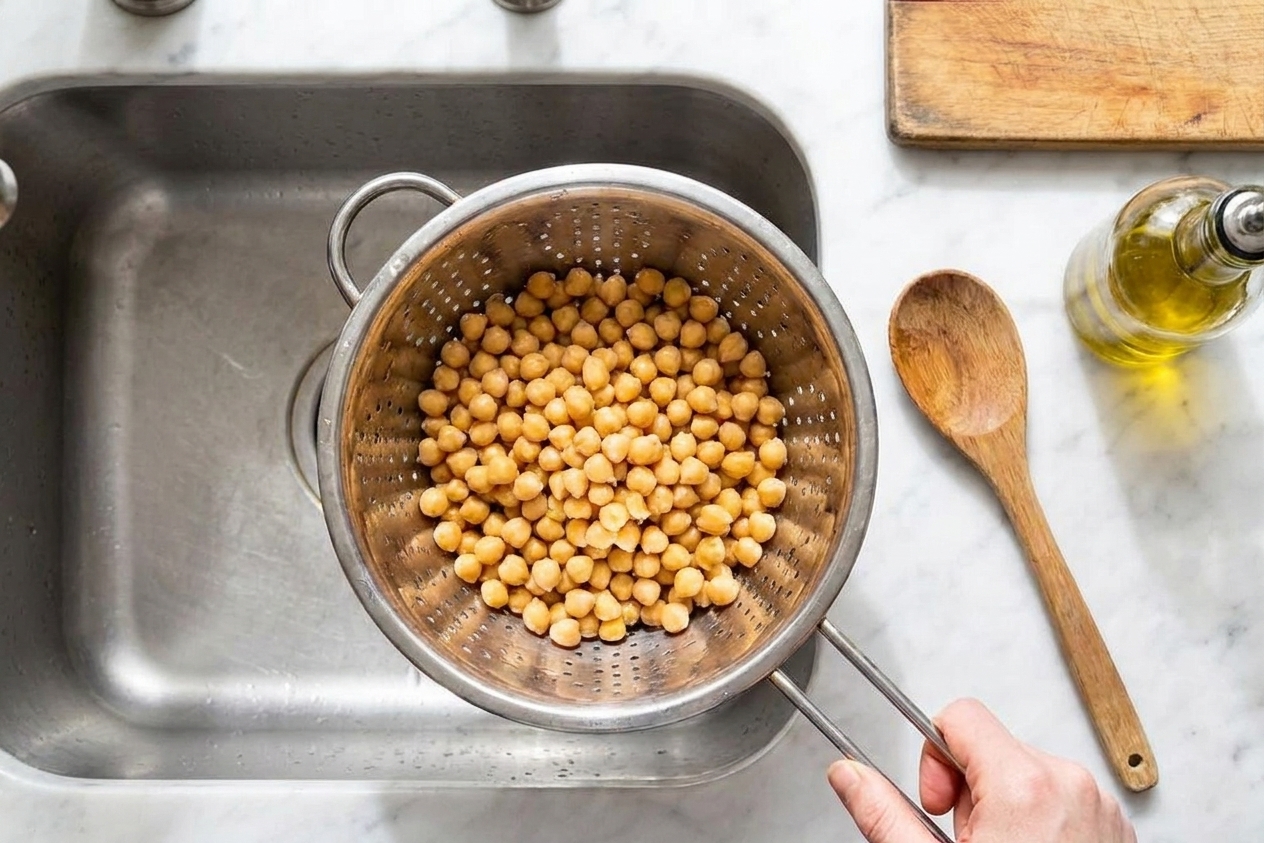 Rinsed canned chickpeas draining in a metal colander in a sink with a wooden spoon and olive oil bottle nearby on the counter