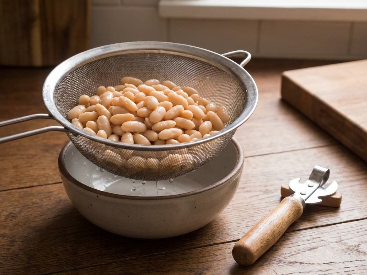 Rinsed cannellini beans in a colander over a bowl on a kitchen counter with a can opener nearby