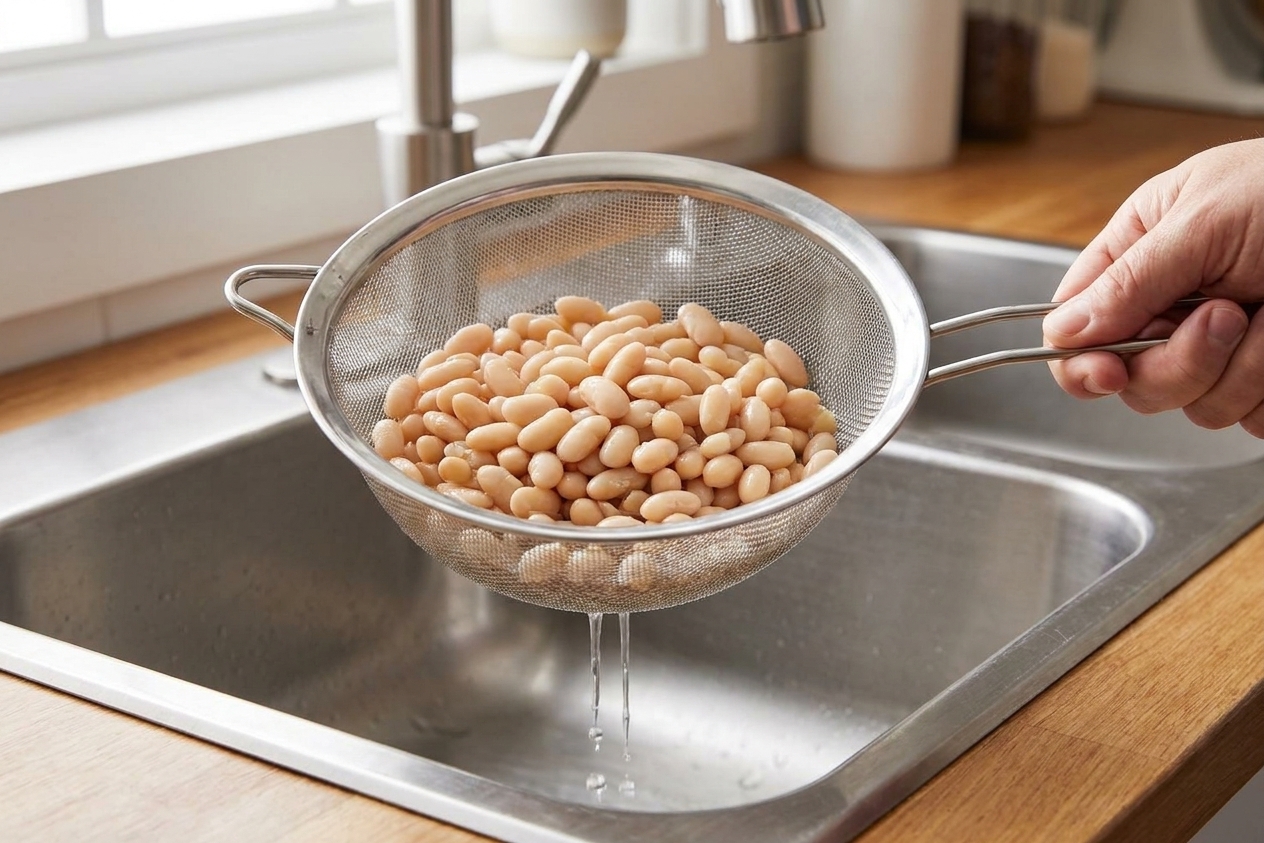 Rinsed dried great northern beans draining in a fine mesh strainer over a stainless steel sink, kitchen prep moment