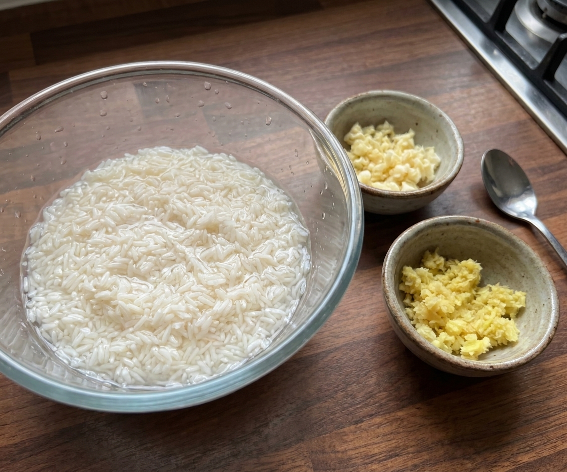 Rinsed jasmine rice in a bowl next to minced garlic and minced ginger on a kitchen counter