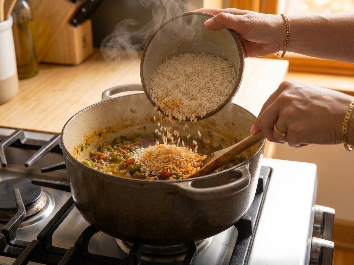 Rinsed long-grain rice being stirred into a seasoned sofrito mixture in a pot, the grains turning lightly orange