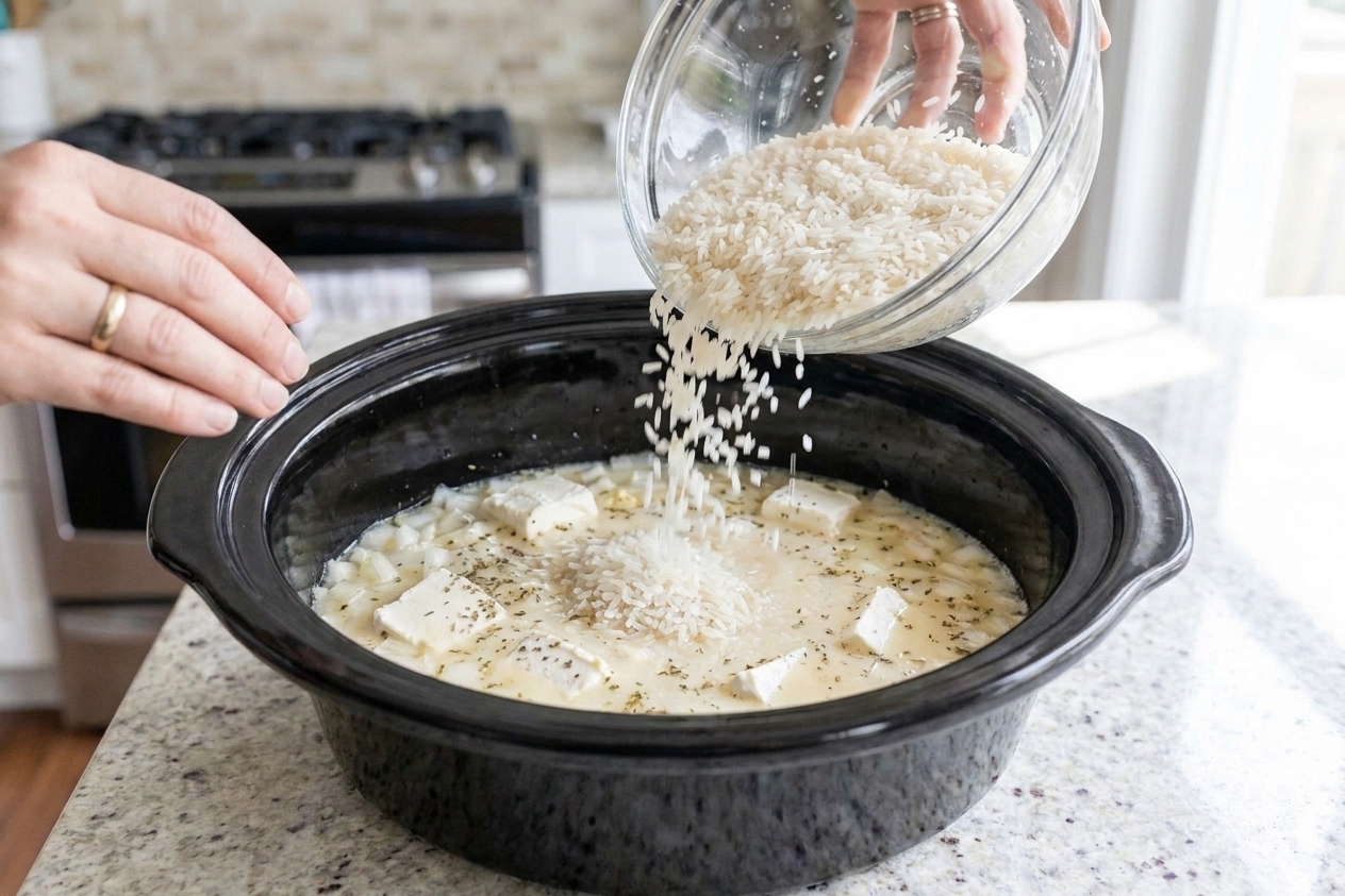 Rinsed long-grain white rice being poured into a slow cooker with creamy broth
