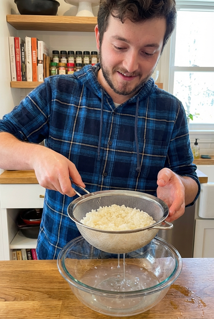 Rinsed sushi rice draining in a fine mesh strainer over a bowl